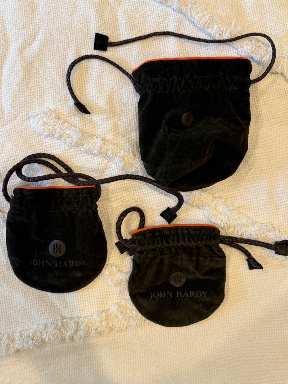 John Hardy Black Velvet Drawstring Pouches with Orange Trim - Set of 3